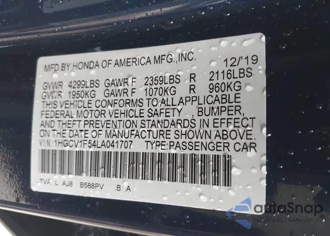 2020 Honda Accord Ex-L from USA, damaged, VIN 1HGCV1F54LA041707